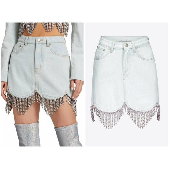 Area Scalloped Crystal-Fringe Denim Skirt